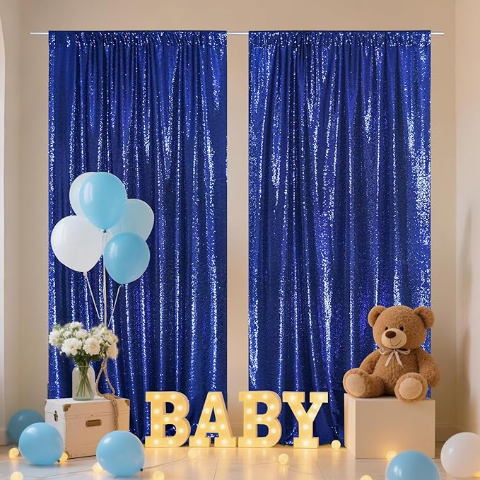 SquarePie Sequin Backdrop Curtain 8FT x 10FT Navy Blue Satin Backing Fabric Photography Background for Wedding Patry 4FT x 10FT 2 Panels