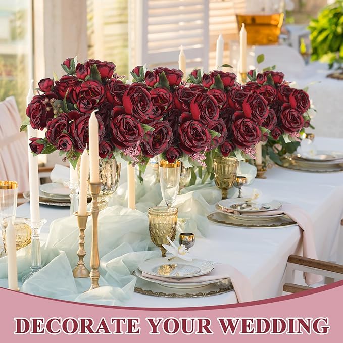 8 Bundles Artificial Peonies Flowers Boho Faux Flowers Arrangements Artificial Centerpiece Spring Bouquet Floral Wedding Decoration for Vase(Burgundy)