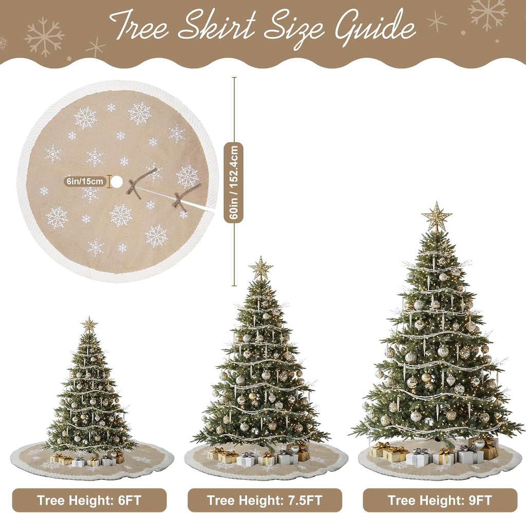 AerWo 60 inch Christmas Tree Skirt with White Snowflake, Large Burlap Tree Skirts with Fur Border, Rustic Farmhouse Tree Skirt for Xmas Tree Decorations Indoor Outdoor Holiday Decor
