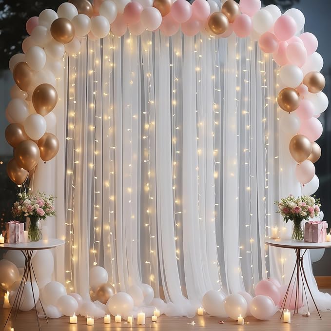 10×10ft White Tulle Backdrop Curtain with Lights String for Parites, Sheer Curtain Backdrop Drapes for Wedding Party Home Decorations