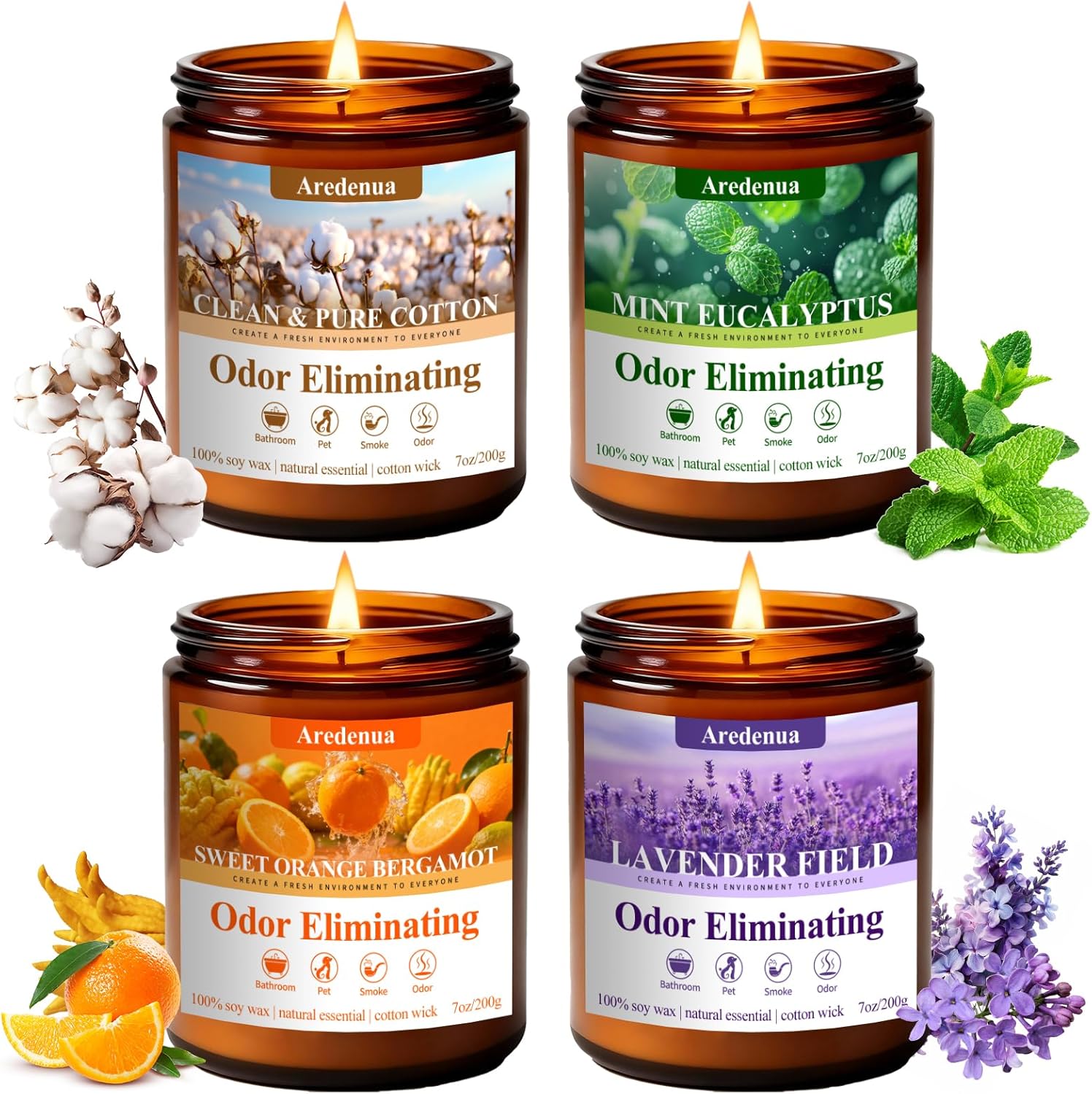 4 Pack Odor Eliminating Candles Set - Eliminates 95% of Pet, Smoke, Food, and Other Smells Quickly - Air Freshing Scent of Lavender/Orange/Mint/Cotton - 28oz Soy Candles for Home Scented, 200 Hours