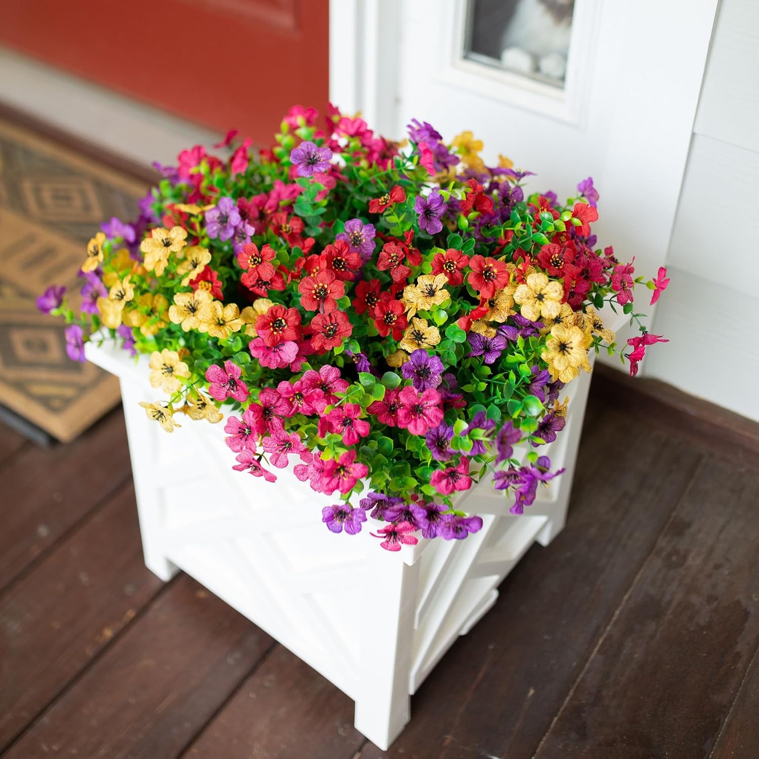 florisso Artificial Flowers for Outdoors Daisy 12 Bundles for Home Decoration, Faux Flower Fake Plants Outside Decoration with Eucalyptus UV Resistant for Planter Porch Patio Yard Garden Colorful