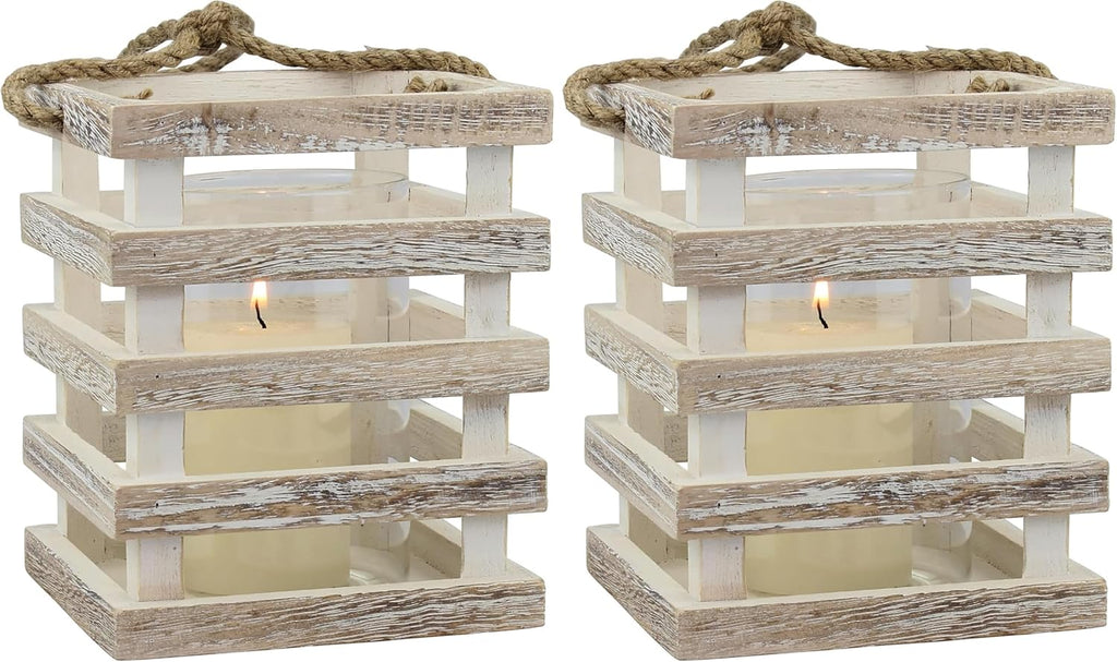 Stonebriar Small Worn White Wooden Beach House Candle Lantern with Rope Handle and Removable Glass Cylinder Hurricane (Pack of 2)