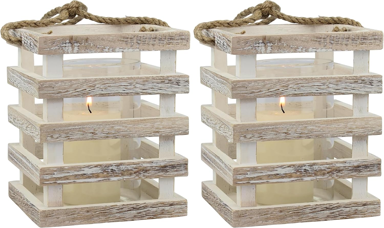 Stonebriar Small Worn White Wooden Beach House Candle Lantern with Rope Handle and Removable Glass Cylinder Hurricane (Pack of 2)