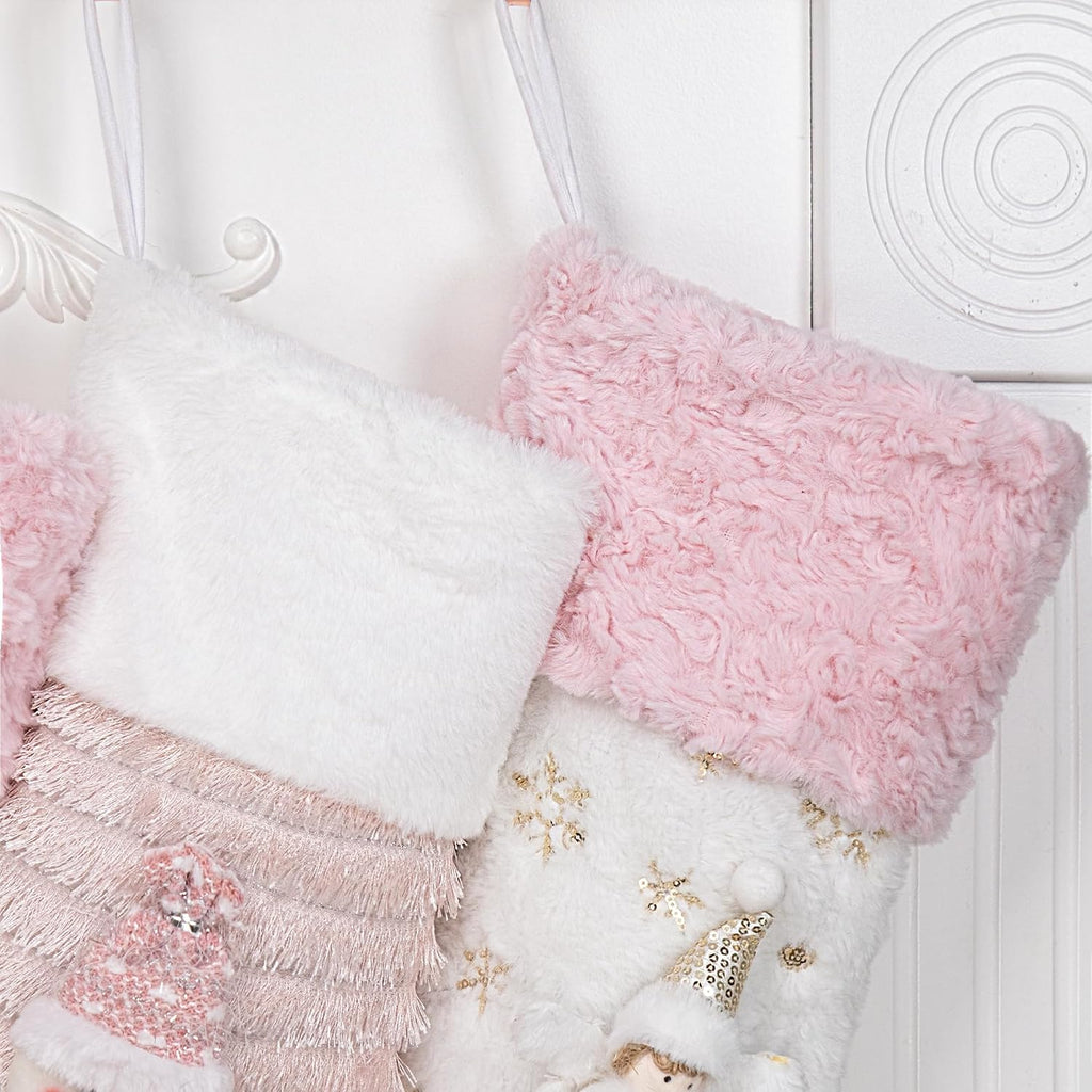 BHD BEAUTY Personalized Christmas Stocking Custom Name 3D Dolls Pink Customized Soft Faux Fur for Family Decorations Hanging Ornament for Xmas Holiday Party 1 Pack