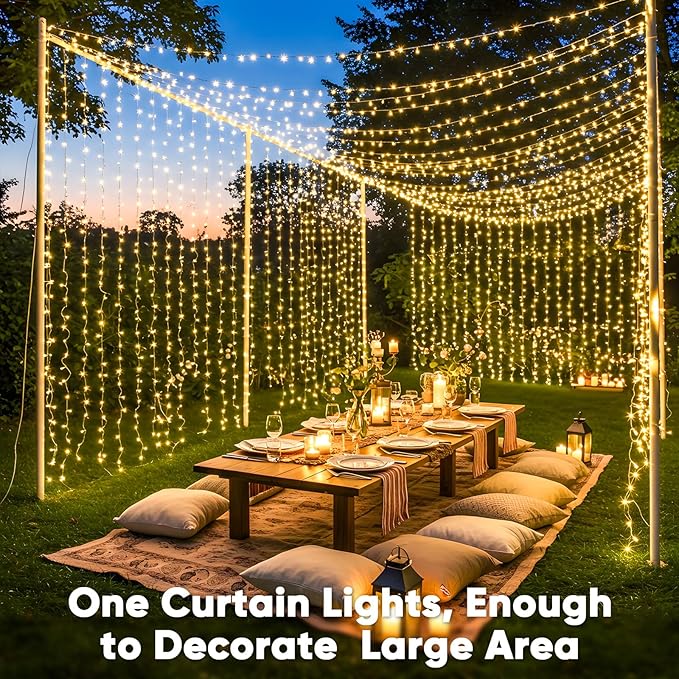 suddus 600 LED Christmas String Lights Outdoor, 9.8x19.6ft Curtain Light Plug in with Remote, 8 Modes Wall Hanging Lights for Christmas,Dorm,Wall,Window,Wedding,Party,Birthday Decor,Warm White