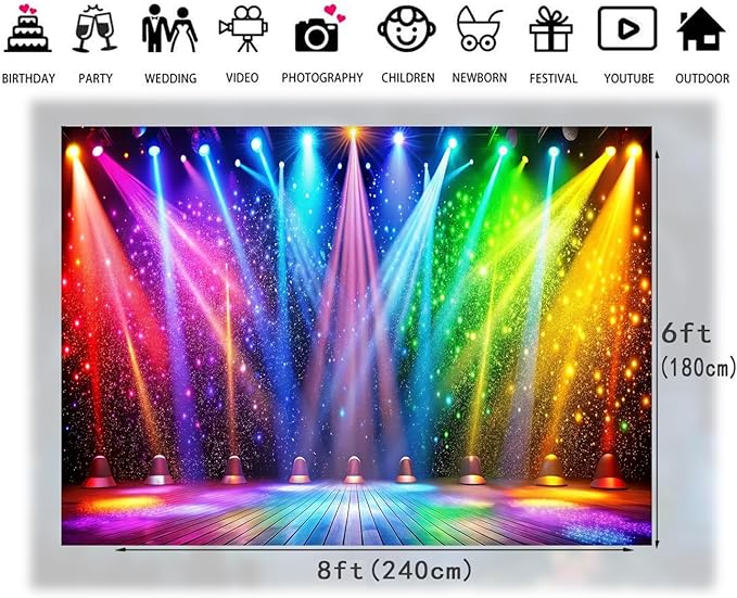 LTLYH 8x6ft Fabric Disco Rainbow Stage 70s 80s 90s Backdrop Vintage Lights Photography Background Rock Music Club Neon Glow Party Decorations Photo Banner 312