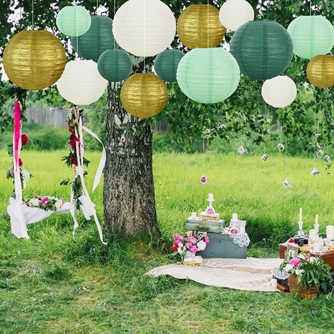 BEISHIDA 16 Pcs Sage Green Gold Paper Lanterns,Hanging Decorative Chinese Japanese Round Paper Lantern Lamp for Birthday Wedding Baby Bride Shower Home Party Decoration