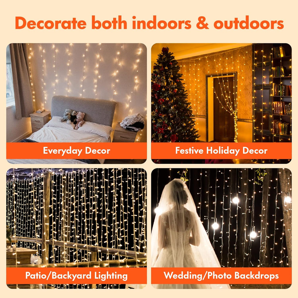 Twinkle Star 300 LED Curtain String Lights, Warm White | 8 Modes, Plug In, For Bedroom Wedding Party Birthday, Indoor Outdoor Wall Window Backdrop
