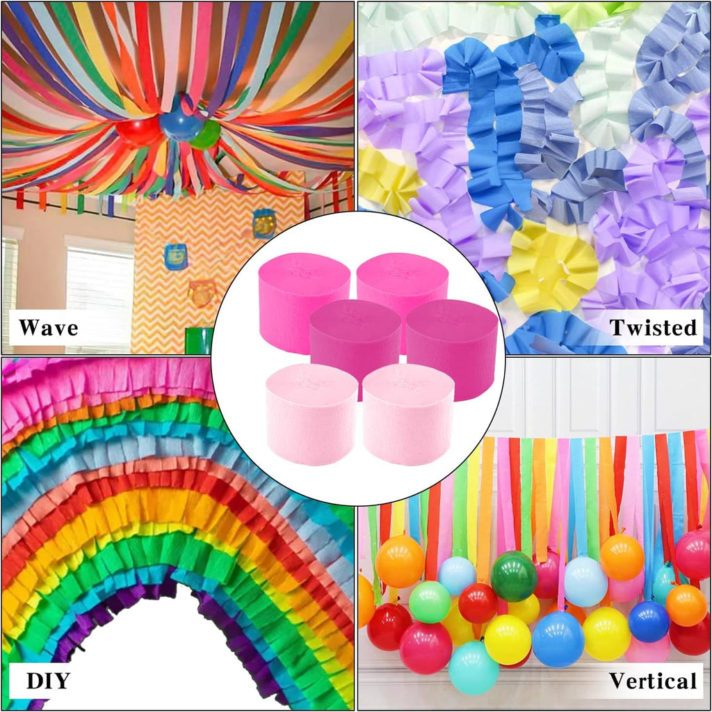 Crepe Paper Streamers - 6 Rolls, 492ft, Pack of 6 Light Pink & Hot Pink Party Streamers for Birthday, Wedding, Baby Shower & Anniversary Decorations (2.37 Inch x 82 Ft/Roll)