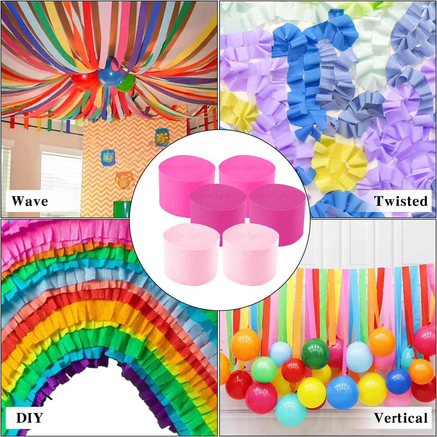 Crepe Paper Streamers - 6 Rolls, 492ft, Pack of 6 Light Pink & Hot Pink Party Streamers for Birthday, Wedding, Baby Shower & Anniversary Decorations (2.37 Inch x 82 Ft/Roll)