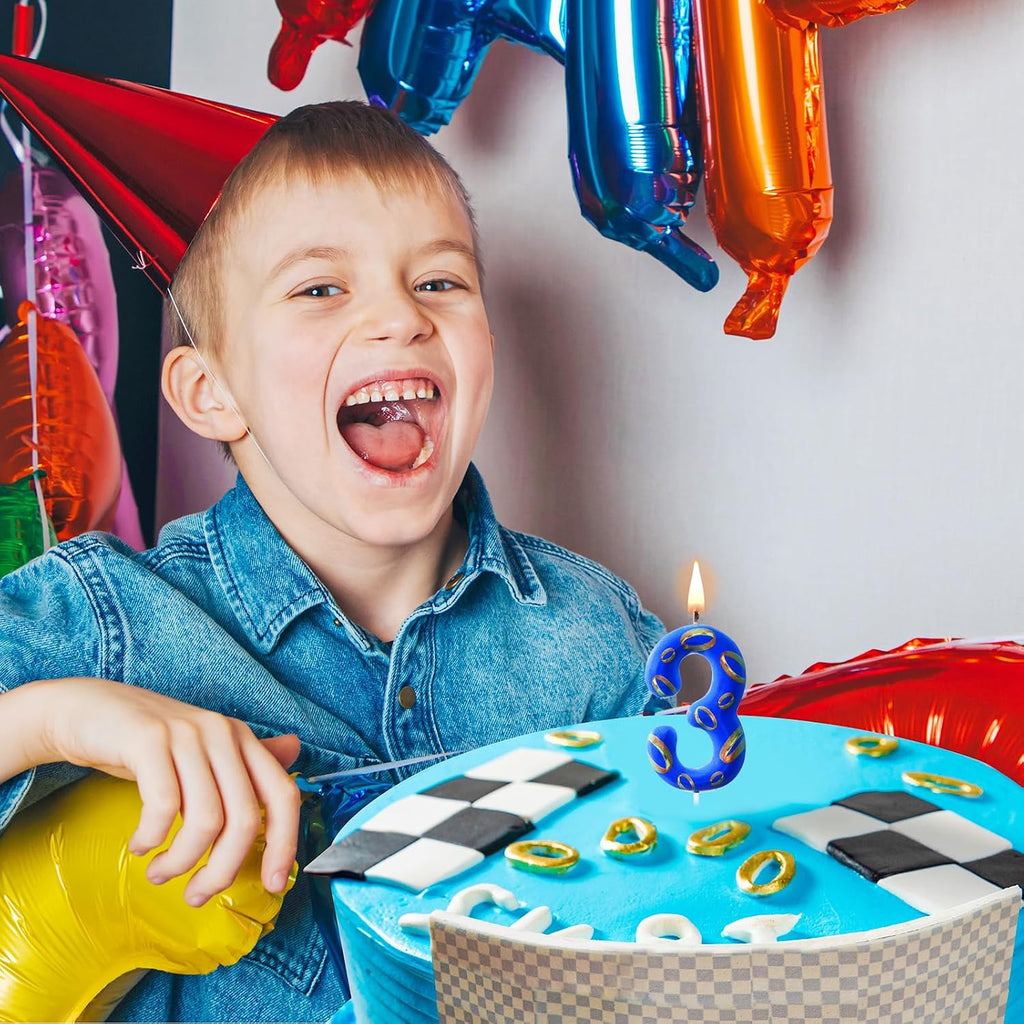 Conelist Number 3 Birthday Cake Candles Blue and Golden Rings Number Candle with Vibrant Designs for Boys & Girls, Theme Birthday Decorations, Cake Toppers for Theme Parties