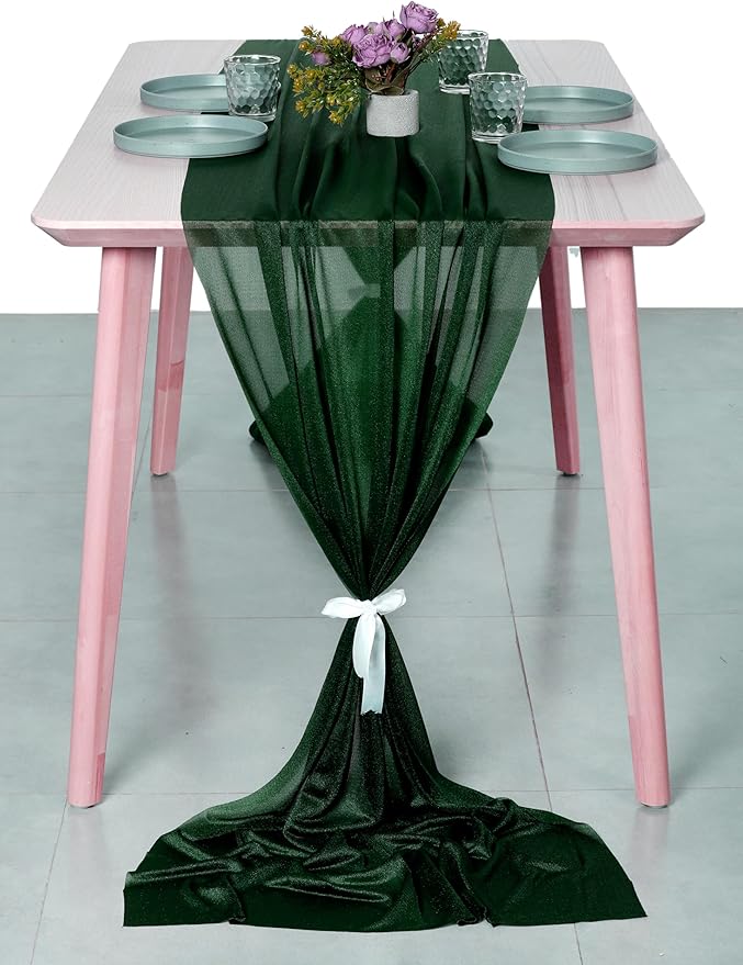 MDS 25 Pack 10ft Chiffon Table Runner 29 x 120 Inches Sheer Wedding Runner Romantic Rustic Table Runner for Wedding Decorations, Birthday Parties, Bridal Shower Party Arch Decor - Hunter Green