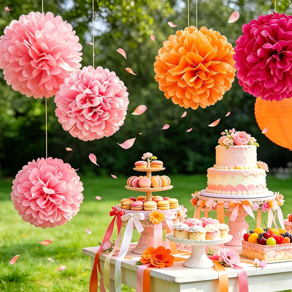 AimtoHome Pink Orange Tissue Paper Flower Pom Poms12pack Hanging Paper Pom Pom Decorations for Tea Party, Wedding, Bridal Shower, Birthday, Fiesta, Baby Shower, Nursery, Bachelorette, 10/8/6 inch