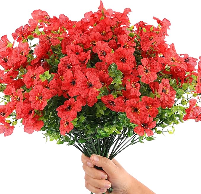 Hananona 24 Pcs Artficial Outdoor Flowers with Hanging Baskets, 2 Pack Hanging Planter with Red Outdoor Spring Flowers for Christmas Porch Home Patio Yard Decor (2, Red)