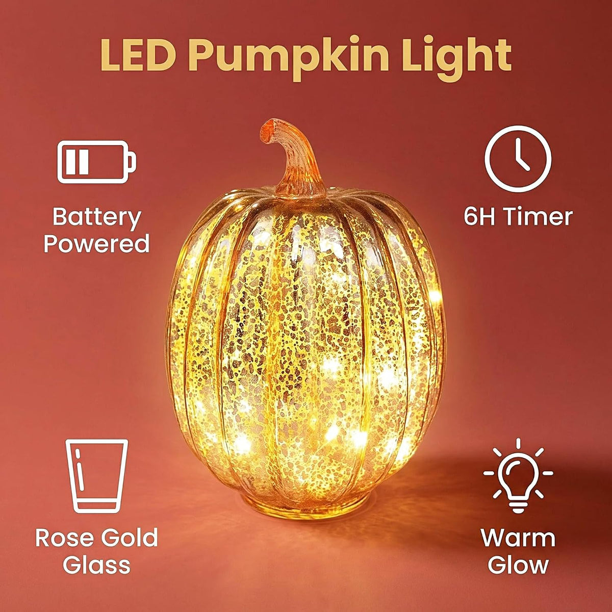Fall Decorations for Home,Mercury Glass Pumpkin Lights with Timer(Rosegold)