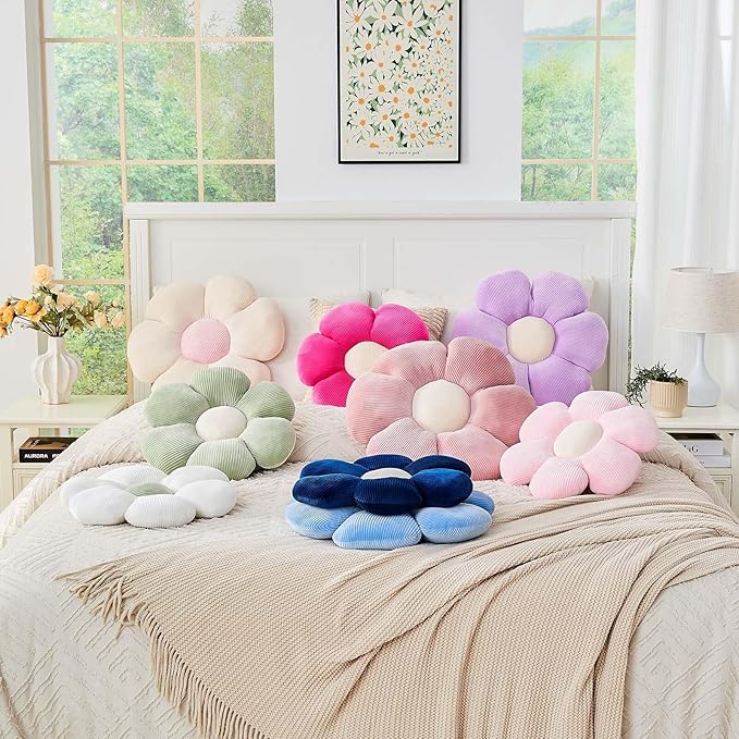 Navy Flower Pillow, 14.9" Cute Flower Shaped Floor Pillow, Aesthetic Floral Plush Daisy Decorative Throw Pillows for Bed Sofa Couch