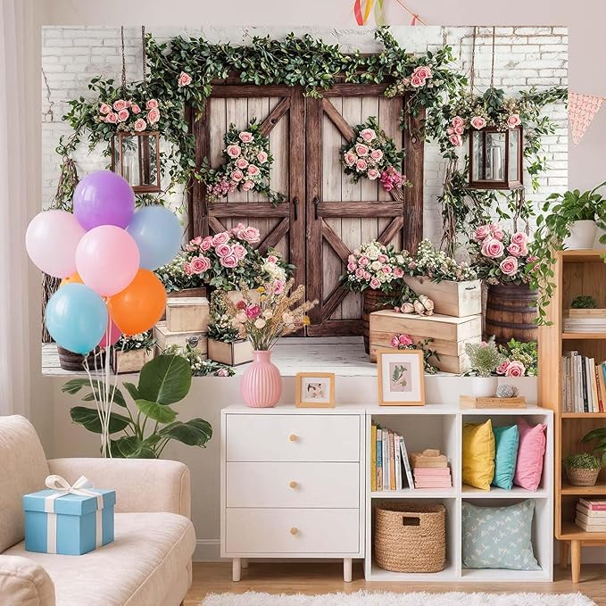 10x8ft Country Wedding Photography Backdrop Floral Rustic Roses Farmhouse Wooden Door Backdrop Pink Flower Birthday Baby Shower Wedding Bridal Party Banner Photo Booth Props Anniversary Background