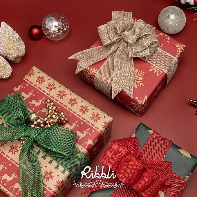 Ribbli Emerald Green Burlap Wired Ribbon, 1-1/2” Inch x Continuous 20 Yard, Green Wired Ribbon for Wreaths,Big Bows,Tree Decoration,Outdoor Decoration
