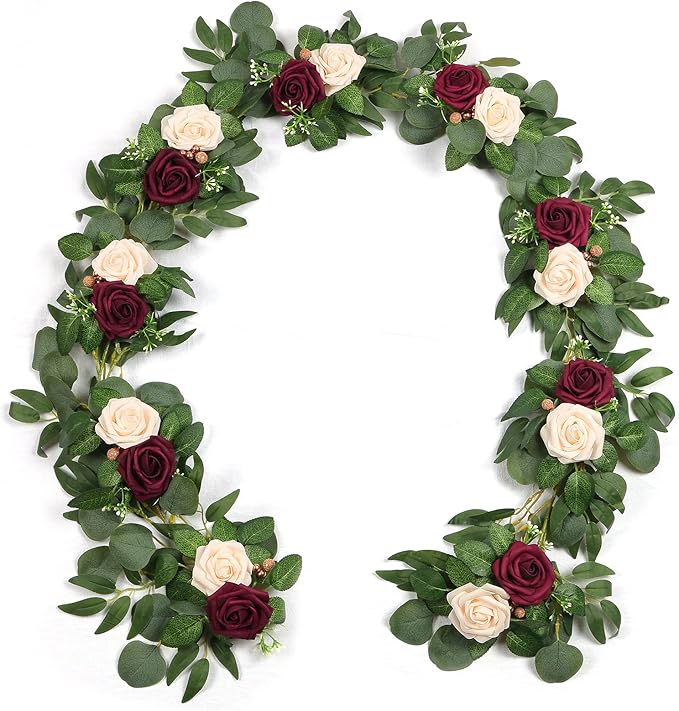 ponatia 6.5FT Handcrafted Artificial Rose Flower Garland, Eucalyptus Greenery Garland for Wedding Ceremony Garlands Backdrop Arch Flowers, Reception Table Decorations (Burgundy & Ivory Cream)