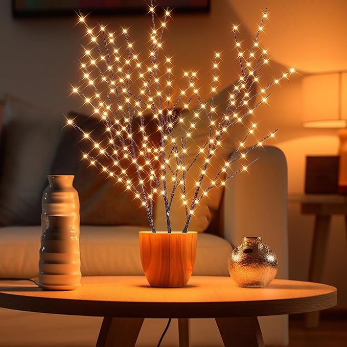 33in Lighted Branches with 180 LED Lights, Twinkling Light Up Tree with Timer, DIY Flexible Lighted Branches for Home Décor, Bedroom, Wedding, Party