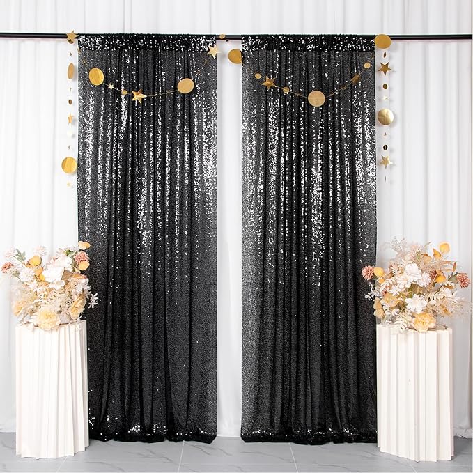 ShinyBeauty 2 Panels Black Sequin Backdrop | 7Ft x 7Ft Sparkly Photo Background | Halloween & Party Decor | Durable & Elegant Curtains | Perfect for Photography & Events