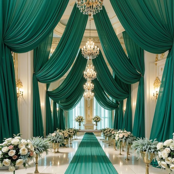 Wedding Arch Draping Fabric,1 Panel 18FT Emerald Green Sheer Chiffon Curtain Drapes 6 Yards for Wedding Ceremony Birthday Party Decoration