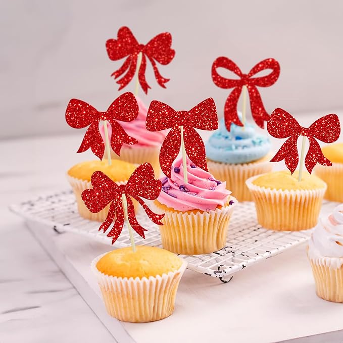 Gyufise 36Pcs Bow Cupcake Toppers Glitter Bowknot Cupcake Picks Bow Tie Birthday Decorations Princess Bow Cupcake Decorations for Bowknot Theme Baby Shower Birthday Party Supplies Red