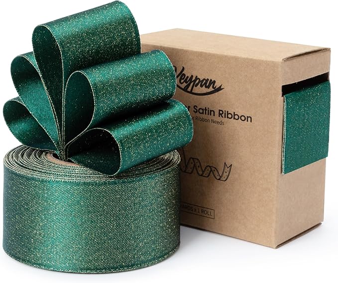 Christmas Ribbon Wired Green Satin Ribbons 1-1/2 Inch Double-Faced Gold Glitter for Tree Decoration, Wreath, Gift Wrapping, Home Decor 10 Yards