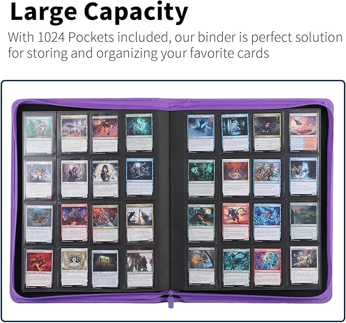 Snekdy premium 1024-pocket trading card binder, 16-pocket cards album, waterproof PU-leather Cover album with side loading, holds gaming, baseball, basketball & sports cards (Purple)