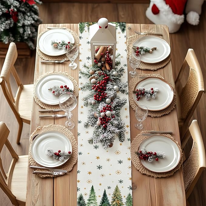 GEEORY Christmas Table Runner 13x60 Inch, Xmas Tees Snowflakes Holiday Decorative Farmhouse Table Decoration for Kitchen Dinning, Indoor Outdoor Dinner Party Decor (Light Green) GT166-60