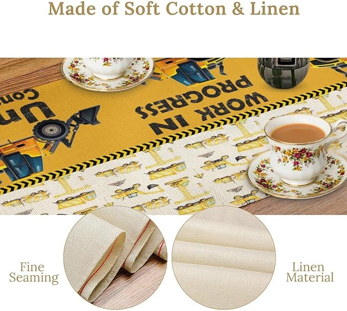 Cartoon Car Table Runner,Boys Kids Construction Vehicles Truck Yellow Print Tablecloth Burlap for Hotel Indoors Outdoor Dining Room Kitchen Home Decor,W13X L108 in