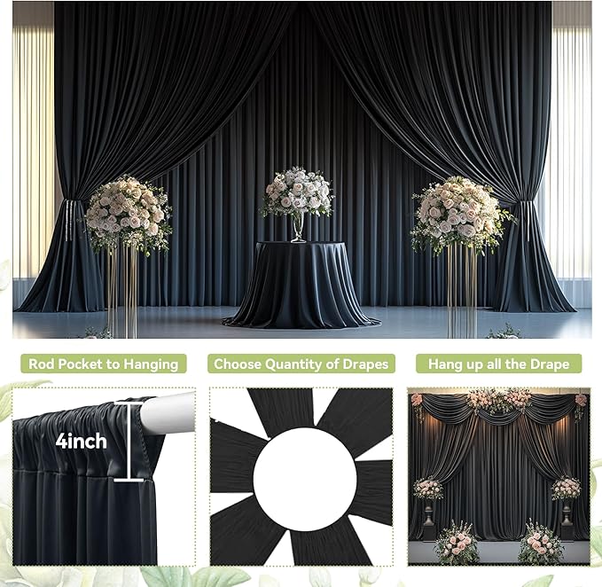 PartyVillage 20ft×15ft Black Backdrop Curtain for Halloween Parties, 4 Panels Wrinkle Free 15 FT Long Polyester Photo Backdrop Drapes Back Drop Cloth for Birthday Photography Background