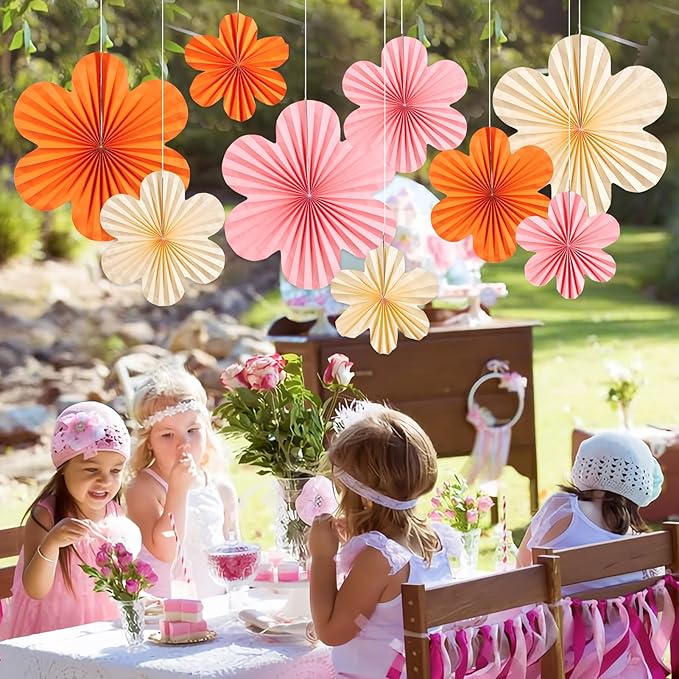 SUNBEAUTY Paper Flowers Decorations for Wall Paper Fans Classroom Decoration Paper Floral Backdrop Decor Paper Fans Decoration Hanging Paper Fans Orange Flower Wall Decor,Set of 9