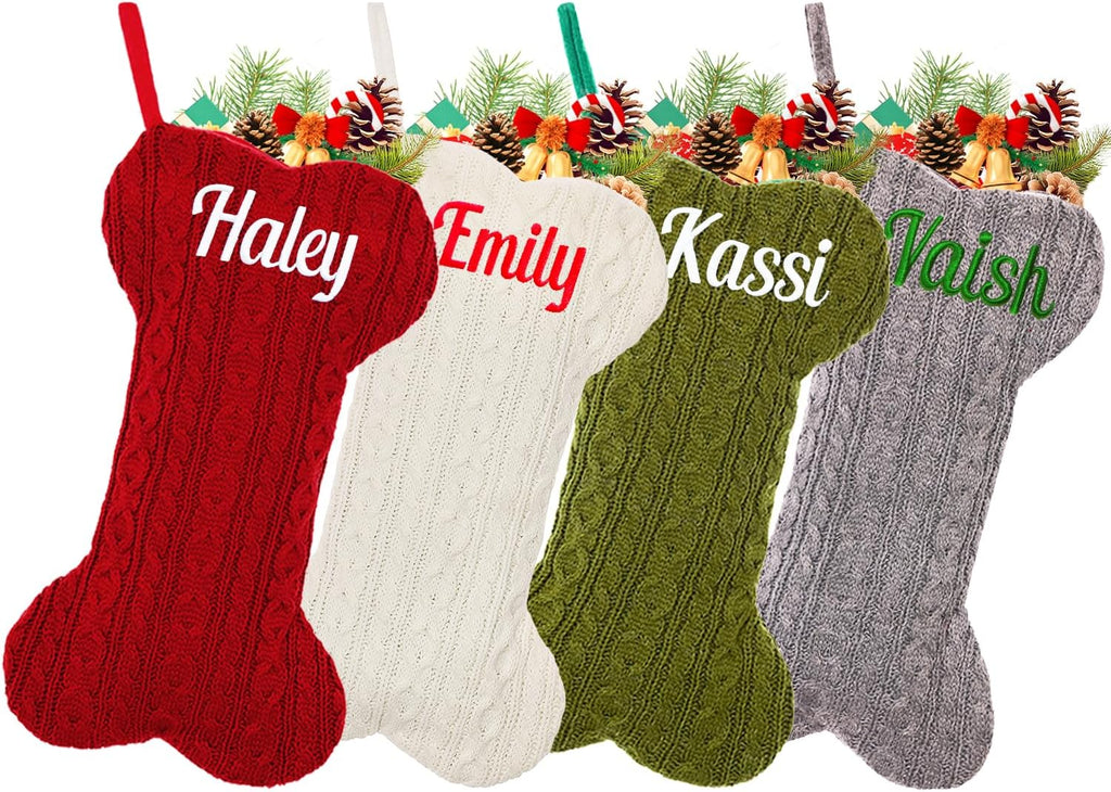 1Pc Personalized Dog Christmas Stockings, Custom Embroidered Name Pet Dog Stockings Christmas, Family Knitted Bone Xmas Stocking with Name for Dogs