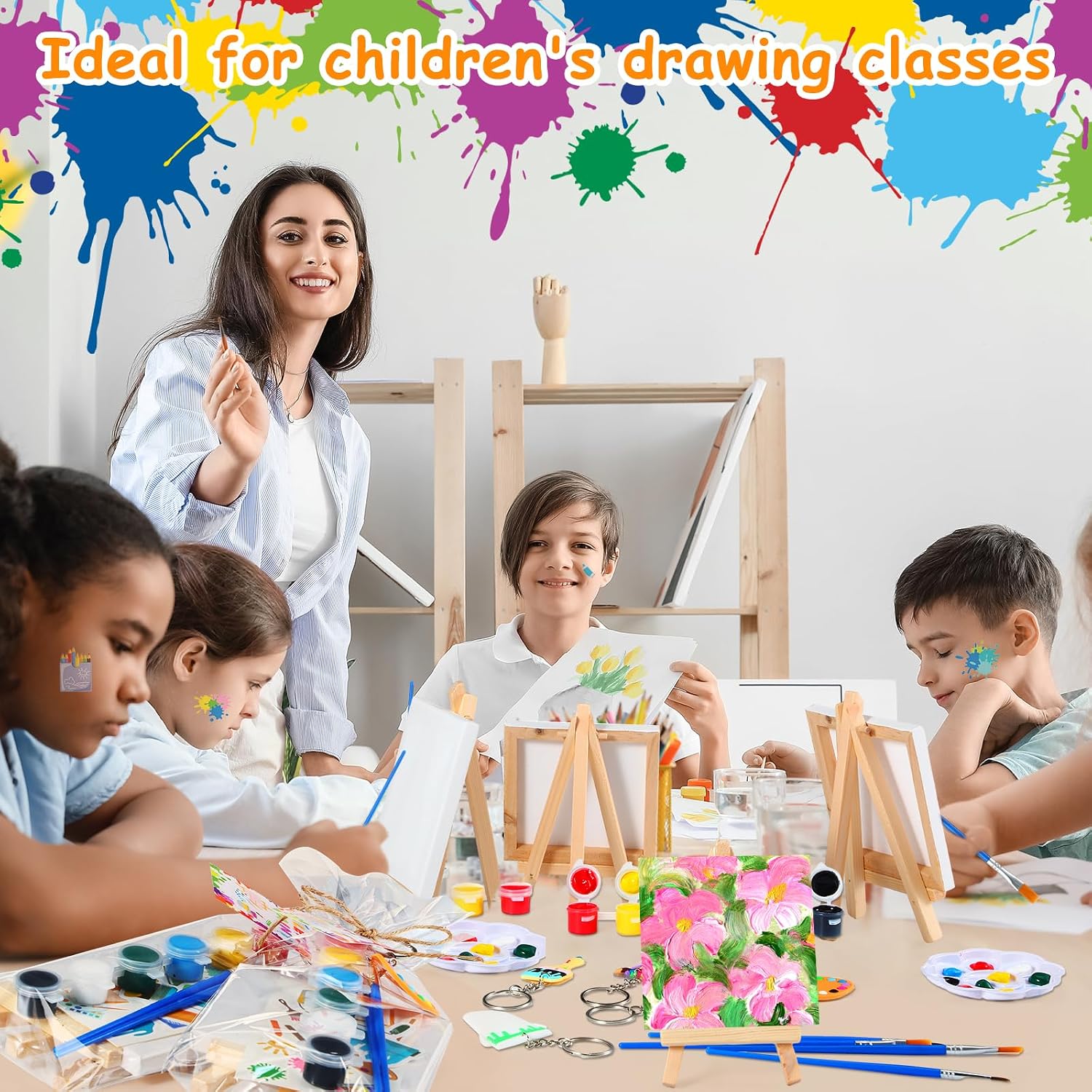 HyDren 158 Pcs Paint Party Favors Bulk 4 x 4 Inch Canvas Easel and Watercolor Paint Set Palette Brush Stickers Puffy Sticker Keychains for Art Party Gifts