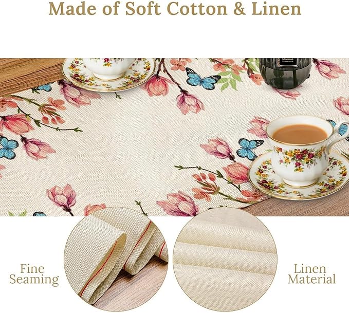 Flowers Table Runner,Floral Bird Butterfly Spring Table Cloth Kitchen Dining Table Home Party Decoration 13x108 Inch