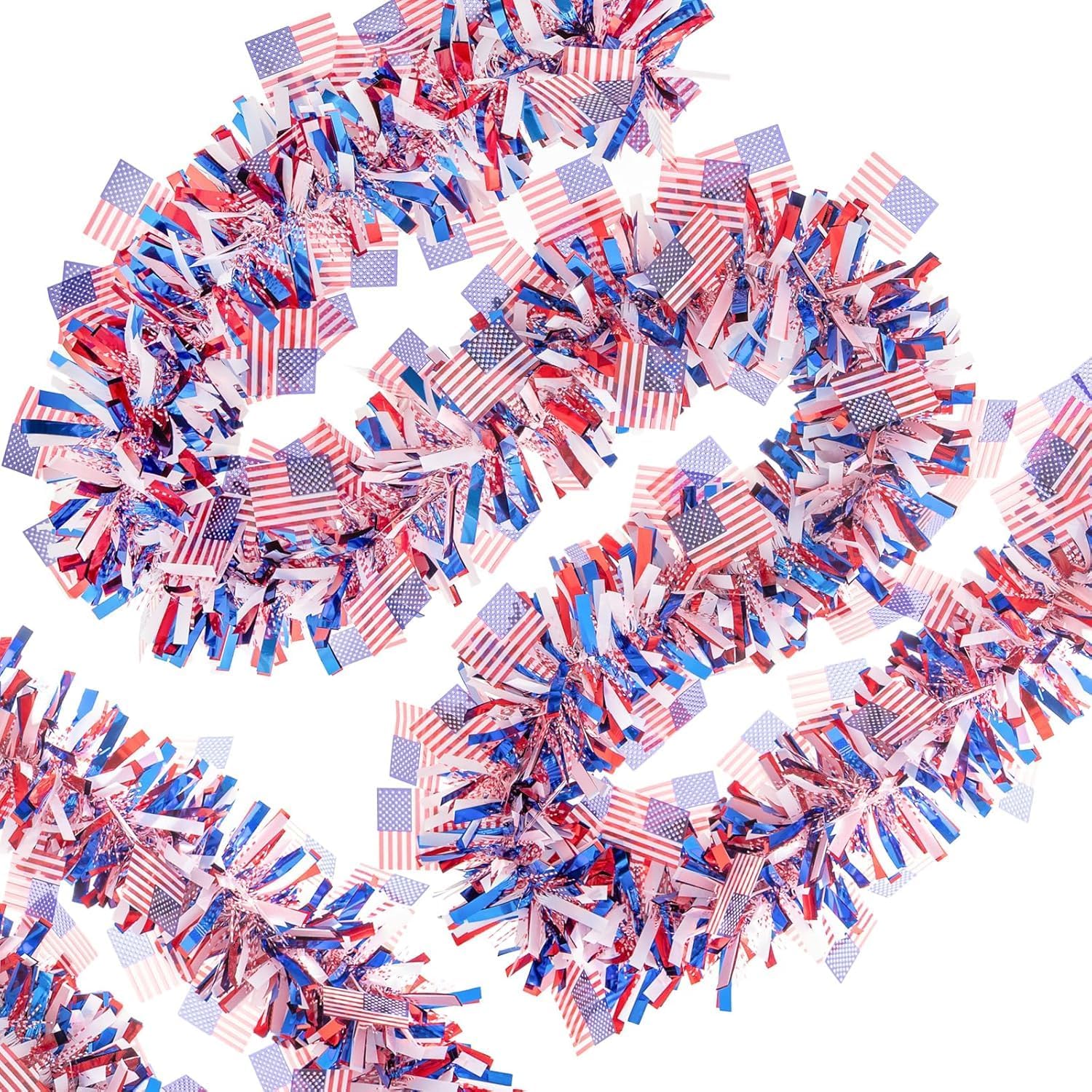 50Ft 2026 4th of July Garland Decorations, Glitter Tinsel Patriotic Decor 250 Anniversary USA Merchandise, Red White Blue with American Flags for National Independence Day Decor