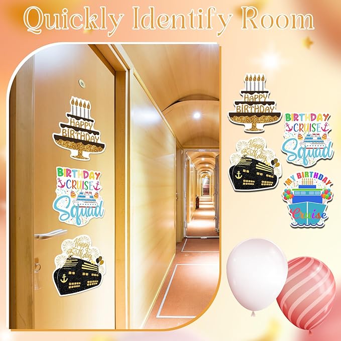 Hoteam 4 Pcs Birthday Cruise Door Decorations Magnetic Large Happy Birthday Cruise Ship Door Magnets Funny Waterproof Balloon Cake Nautical Magnets for Carnival Cabin Stateroom Fridge Car