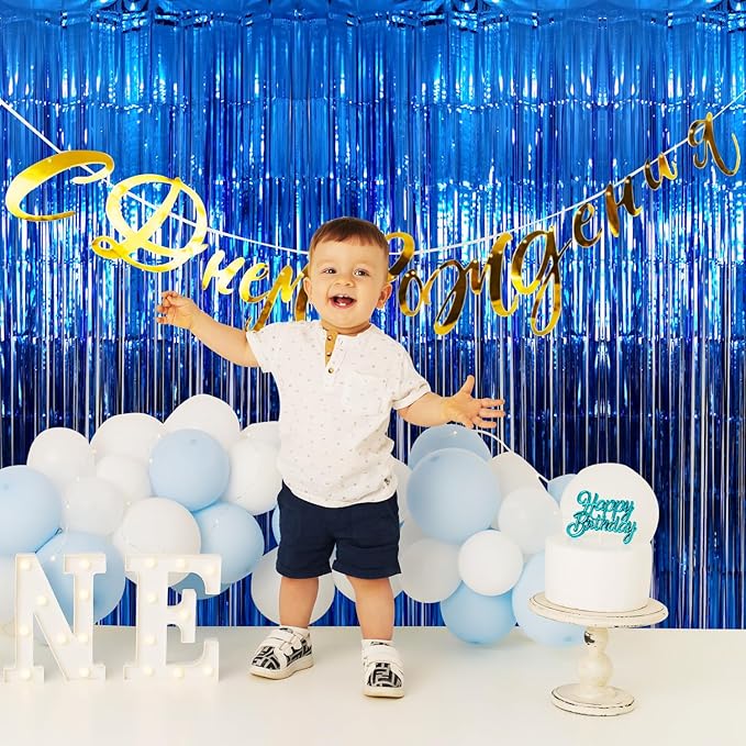 GOER 6.4 ft x 9.8 ft Metallic Tinsel Foil Fringe Curtains,Pack of 2 Party Streamer Backdrop for Birthday,Graduation Decorations and New Year Eve (Navy Blue)