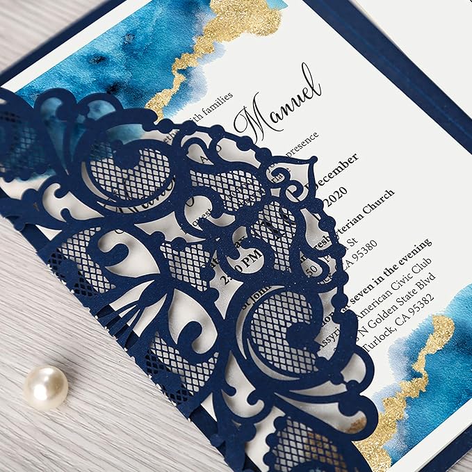 DORIS HOME 50PCS Laser Cut Wedding Invitations with Envelopes and RSVP Cards BLANK Inner With Gold Glitter Belly Band for Wedding Engagement Bridal Shower Party Invite 4.7x7 Inch Navy Blue