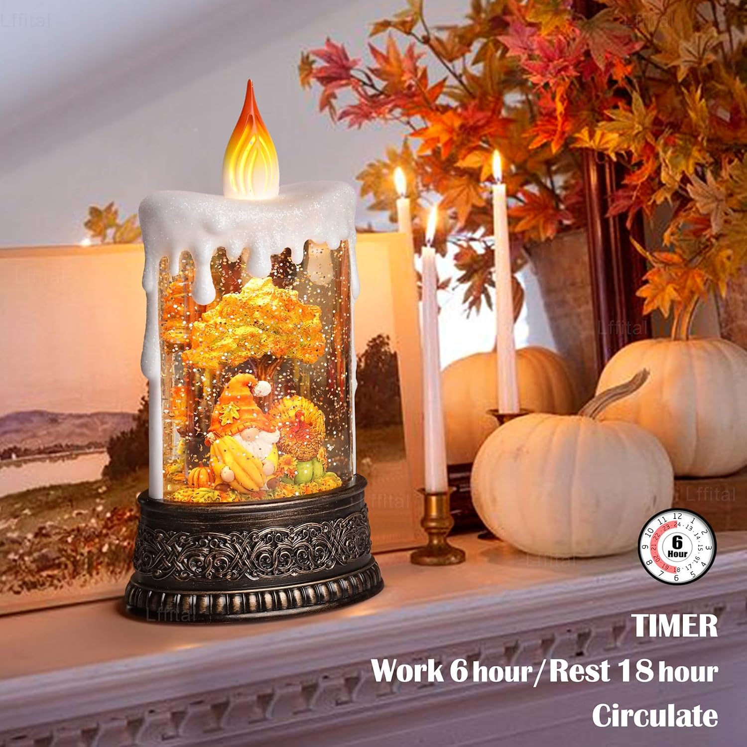 Fall Snow Globe Lantern Fall Decor Candle Shape with Gnome and Turkey, Lighted Thanksgiving Decorations with Timer Swirling Glitter for Tabletop Autumn Festival Harvest Day