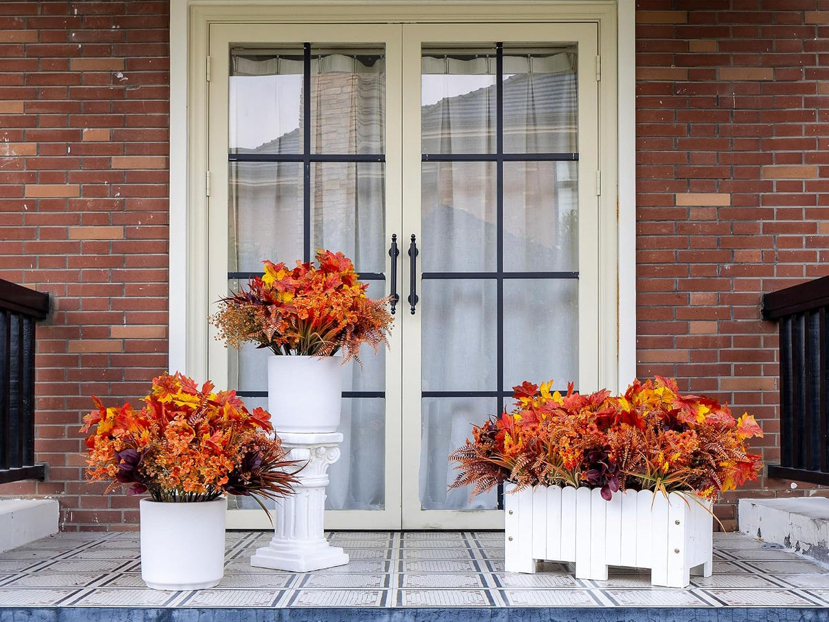 artificial fall flowers outdoors, faux maples & mums showing dimensions
