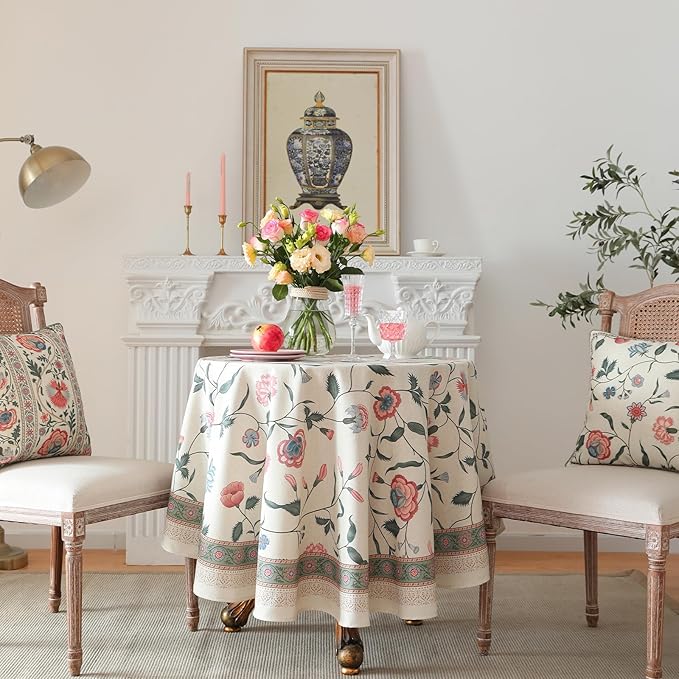 ISAENNE Designer Chinoiserie Linen Floral Round Tablecloth,White Wrinkle Resistant Table Cloth,Elegant Decor Tablecloths for Dining Thanksgiving Kitchen Party Christmas,Diameter 67"-Daffy