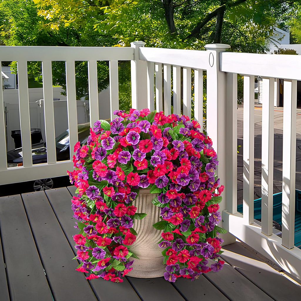 artificial flowers with hanging basket, outdoor faux plants, front angle view