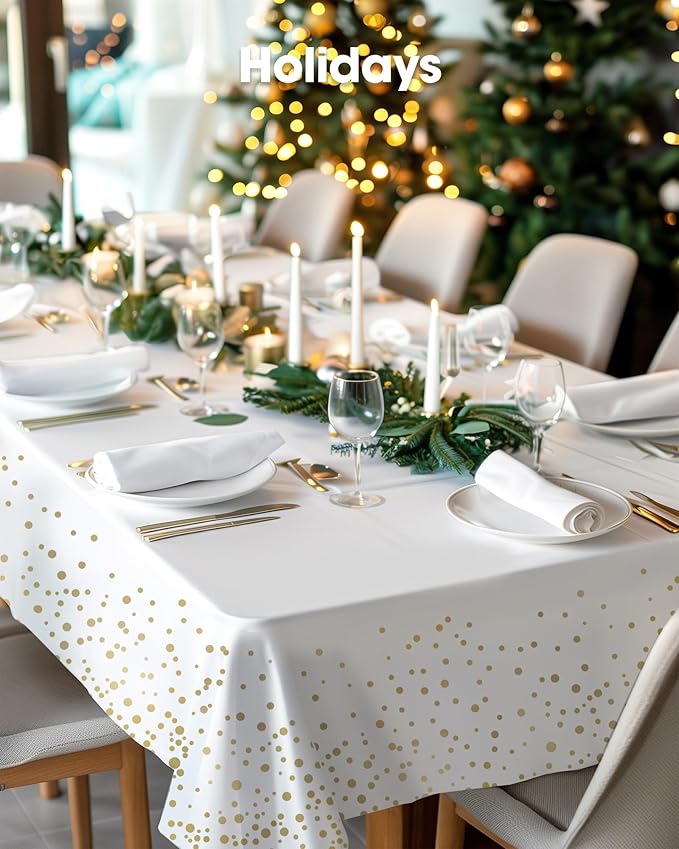 Pureegg Plastic Table Cloth Disposable 10 Pack, 54 x 108 Inch Table Cloths, Graduation Decorations Class of 2025, Graduation Tablecloths, Rectangle, Plastic Cover, Leakproof & Sturdy, White and Gold