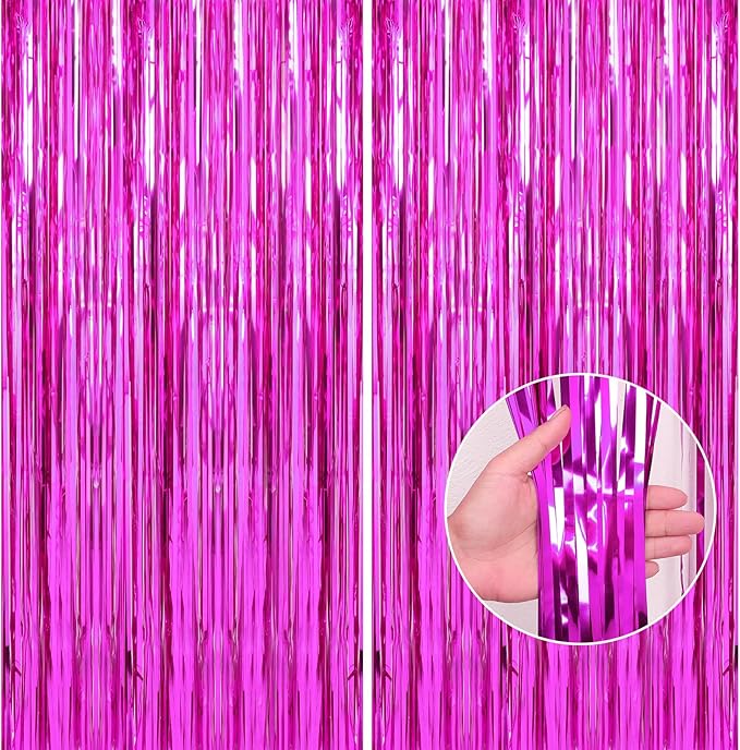 Crosize 2 Pack 3.3 x 9.9 ft Hot Pink Foil Fringe Backdrop Curtain, Streamer Backdrop Curtains, Streamers Birthday Party Decorations, Tinsel Curtain for Parties, Photo Booth Backdrops, Party Décor