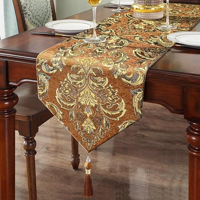 Elegant Floral Chenille Gold Jacquard Table Runner Advanced Caramel-Color with Tassels (60-inches)