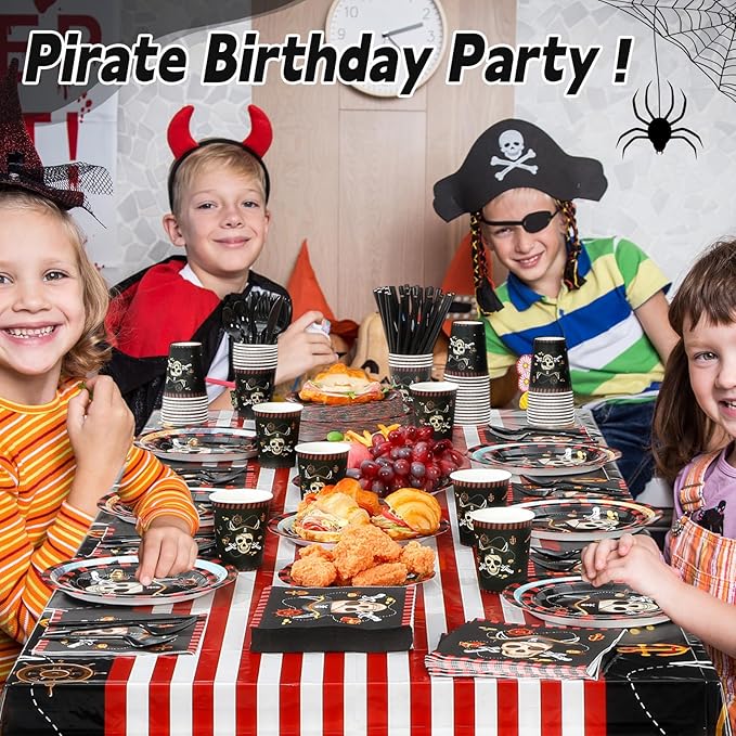 452 Pcs Pirate Party Supplies Decorations for 50 Guests, Pirate Treasure Theme Paper Plates Napkins Cups Tablecloth Cutlery Straws for Adult Halloween Birthday Party Decorations