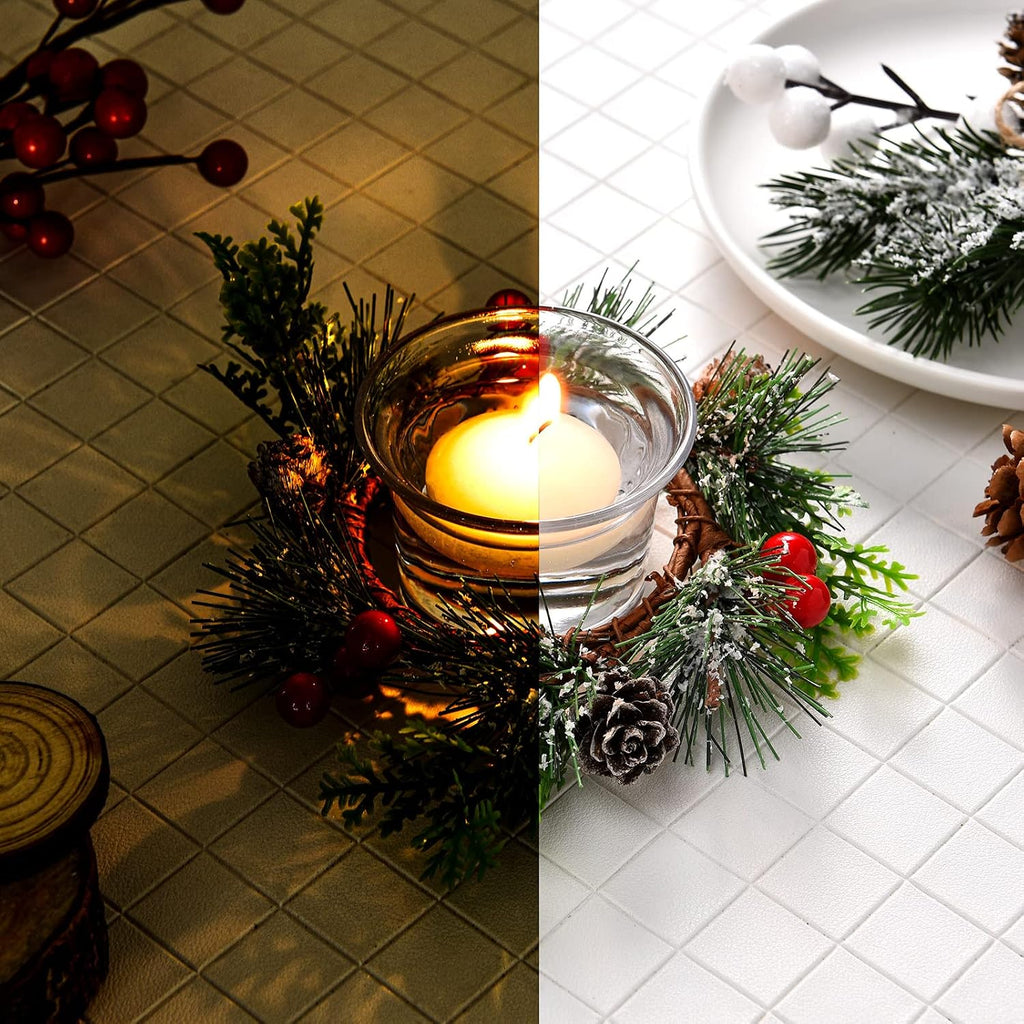 Dingion 12 Pcs Christmas Votive Candle Holder Set Xmas Table Centerpiece with Christmas Berry Candle Ring Decorative Glass Tealight Holder for Wedding Christian Church Xmas Holiday Table Decoration